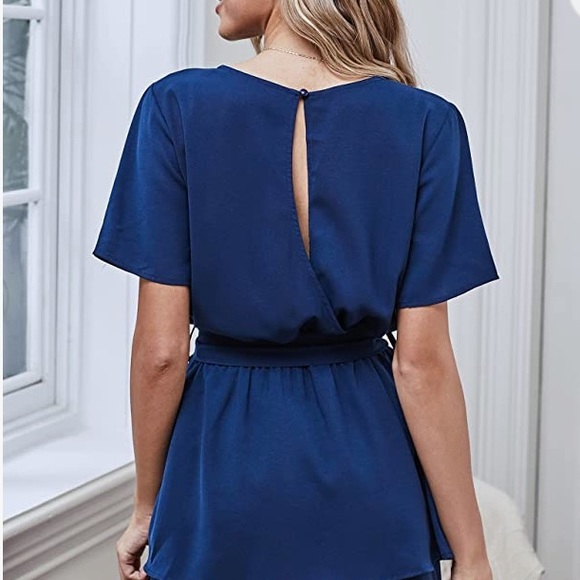 Blue, Short Belted Summer Romper - Picture 2 of 3